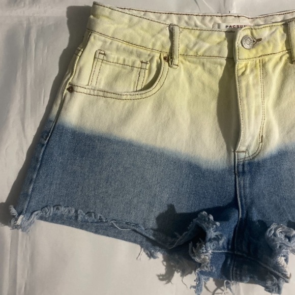 Pacsun High Rise Frayed Hem Yellow & Blue Festival Jean Shorts - Picture 2 of 9